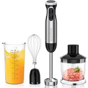 Bonsenkitchen Frullatore a Immersione 4-in-1, 1000W Mixer Elettrico con Regolazione della Velocità Progressiva, Piede in Acciaio Inox, Frusta, Tritatutto da 500 ml e Misurino da 700 ml, HB3203