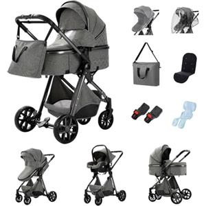 YAZOCO Passeggino 3 in 1, Trio, Passeggino Canne, Con Seggiolino Accessori,Adattatori universali, 4 ruote con ammortizzatori, navicella (3 in 1 LV9 Grigio scuro)