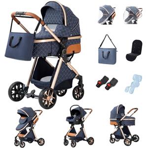 YAZOCO Passeggino 3 in 1, Trio, Passeggino Canne, Con Seggiolino Accessori,Adattatori universali, 4 ruote con ammortizzatori, navicella (3 in 1 LV9 Blu)
