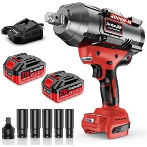 SundpeyPRO Avvitatore a Impulsi a Batteria 21V, Avvitatore ad Impulsi Brushless 3/4 Coppia con 2 Batterie 4.0Ah, Caricabatterie Rapido, Adattatore 3/4 a 1/2, 5 Bussole a Impatto (17/19/21/22/24mm), Rosso
