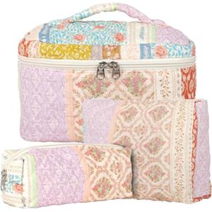 KOMABLEN 3pcs Beauty Case da Viaggio Donna, Cotone Grande Borsa Cosmetica da Viaggio, Floreale Trousse Trucchi Donna, Borsa Porta Trucchi da Toilette Makeup Bag Organizer per Donne e Ragazze