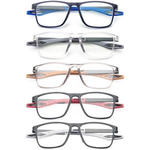 KoKoBin 5 confezioni di occhiali da lettura sportivi Ultra Light Square Flexible Reading Glasses per donne e uomini Anti Blue Light Computer Reader (5 Pack, 2, Diottria)