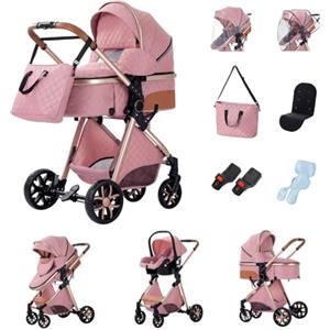 YAZOCO Passeggino 3 in 1, Trio, Passeggino Canne, Con Seggiolino Accessori,Adattatori universali, 4 ruote con ammortizzatori, navicella (3 in 1 LV9 Rosa)