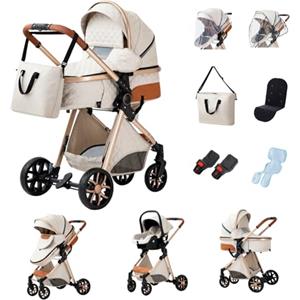 YAZOCO Passeggino 3 in 1, Trio, Passeggino Canne, Con Seggiolino Accessori,Adattatori universali, 4 ruote con ammortizzatori, navicella (3 in 1 LV9 Crema)