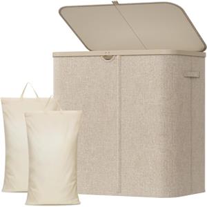 Lifewit Cesto Biancheria Sporca 2 Scomparti, Cesta Panni Sporchi con Sacchi Lavabili, Cesto Portabiancheria, Laundry Basket per Bagno, Camera da Letto e Lavanderia, 145 L, Beige