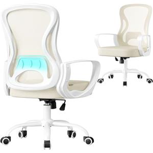 SONGMICS Sedia Ufficio Ergonomica, Sedia Scrivania Girevole in Rete, Supporto Lombare, Funzione Oscillante, Braccioli, Studio Camera da Letto, Beige Cappuccino e Bianco Nuvola OBN043LH02