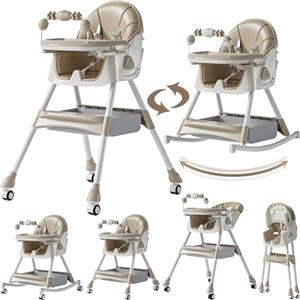 Magic ZC Seggiolone per Bambini Sedia da Pranzo per Multifunzionale Pappa con modalità oscillazione e Schienale regolabile a 3 velocità con Doppi Vassoi Staccabili e Ruote (560 Khaki)