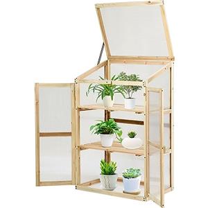 COSTWAY Mini Serra da Giardino a 3 Ripiani in Legno, Serra da Esterno e Interno per Piante e Orto con Coperchio e Ante Apribili, Mini Serra da Giardino e Balcone, 60 x 45 x 100 cm