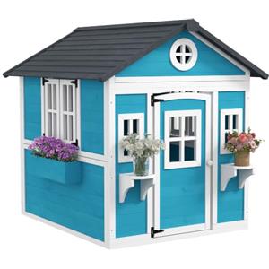 Outsunny Casetta in Legno per Bambini 3-8 Anni 114x126x135cm Blu Grigio | Casetta di Legno da Giardino per Bambini con Finestre, Tetto Inclinato, Vasi e Fioriere