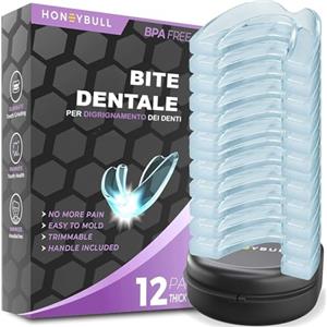HONEYBULL Bite Bruxismo per Digrignamento dei Denti, 1 Misura per Bruxismo Grave, Comodo Paradenti Automodellante, Serramento Notturno, Mascherina Sbiancante, Protezione, 12 Pezzi - Alto