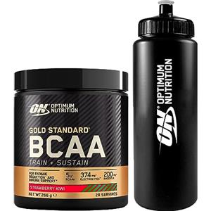 Optimum Nutrition Gold Standard BCAA Train+Sustain Aminoacidi in Polvere Pre-Allenamento Integratore con Vitamina C Zinco Magnesio Elettroliti Gusto Fragola e Kiwi 28 Porzioni 266g + BORRACCIA