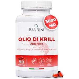 Bandini® Olio di Krill 3000mg, Puro Antartico, 465 mg EPA e DHA, 1200 mg Fosfolipidi Marini, Fonte di Astaxantina e Omega 3 | Krill Oil 100% Naturale, Senza Retrogusto | 90 Capsule molli (softgels)