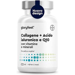 Gloryfeel Collagene Marino con Acido Ialuronico, con Coenzima Q10, Vitamina C e Zinco, Vitamine A, B12, D3, Magnesio, 60 Capsule, Collagene Marino Idrolizzato, Collagene Integratore Pelle, Ossa e Articolazioni