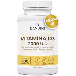 Bandini® Vitamina D 60.000 UI/mese 200 compresse (+6 mesi), Difese Immunitarie, Salute di Ossa, Denti e Muscoli, Metabolismo del Calcio, 50 mcg di Colecalciferolo, Vitamine D3 Pura ad Alto Dosaggio