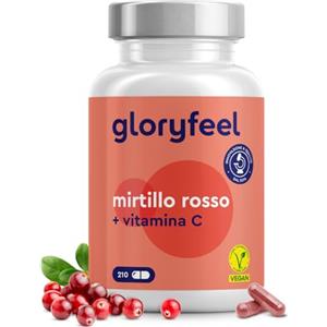 Gloryfeel Cranberry Capsule, per il Benessere delle Vie Urinarie, Scorta 7 Mesi, 210 Cranberry Capsule con Estratto di Mirtillo Rosso + Vitamina C, Integratore ad Alto Dosaggio, Vegan