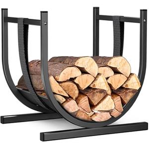 VOUNOT® Portalegna da Interno a Forma di U con Cinghia di Sicurezza, Cesta Porta Legna in Metallo per Camino e Esterno, Base Robusta e Stabile per Legna da Ardere, 41x37x39,5 cm, Nero