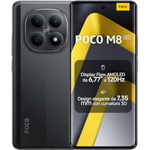 XIAOMI POCO M8 5G, Smartphone 8+512GB, Display AMOLED FIoW 6,77" 120Hz, Snapdragon® 6 Gen 3, Doppia fotocamera AI 50MP, Design curvo 3D da 7,35 mm, Nero, Garanzia 2 anni, Caricatore non incluso