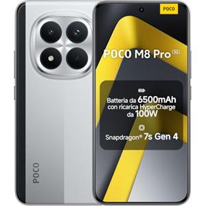 XIAOMI POCO M8 Pro 5G, Smartphone 8+256GB, Display AMOLED CrystalRes 6,83" 1.5K, Snapdragon® 7s Gen 4, Fotocamera 50MP Light Fusion 800 con OIS, IP68, Argento, Garanzia 2 anni, Caricatore non incluso
