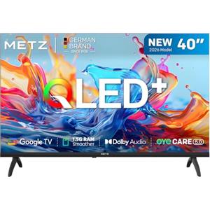 Metz 40 Pollici Smart TV con Google TV Televisore LED, Gen 6 QLED +, HDR 10 Dolby Audio Bluetooth 5,1 EyeCare DVB-T/T2/C/S/S2 CI+ HEVC Main10, 1.5GB RAM Upgrade (40MQH7000Y, 2026 Nuovo Modello)