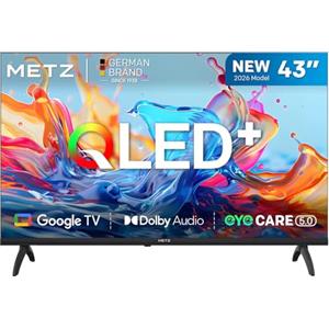 Metz 43 Pollici Smart TV con Google TV Televisore LED, Gen 6 QLED +, HDR 10 Dolby Audio Bluetooth 5,1 EyeCare DVB-T/T2/C/S/S2 CI+ HEVC Main10, 1.5GB RAM Upgrade (43MQH7000Z, 2026 Nuovo Modello)