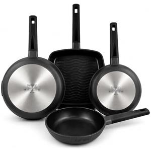 Nerthus FIH 1686 set padelle in alluminio pressofuso Ø 20-24-28 cm + griglia antiaderenti Quantanium adatte induzione gas vetroceramica manico ergonomico resistente al calore