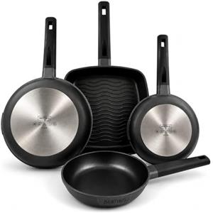 Nerthus FIH 1684 set padelle in alluminio pressofuso Ø 18-22-26 cm + griglia antiaderenti Quantanium adatte induzione gas vetroceramica manico ergonomico resistente al calore