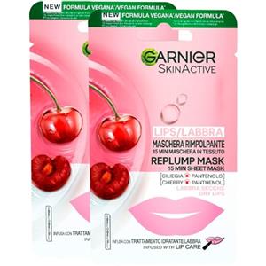 Garnier SkinActive Maschera Labbra Gusto Ciliegia Rimpolpante Idratante in Tessuto Formula Vegana con Acqua Antiossidanti e Pantenolo - 2 Maschere Monouso