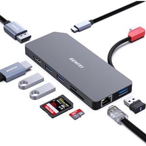 BENFEI Docking Station USB-C Doppio Display, Hub USB C MST con HDMI DisplayPort 4K@60HZ/3*USBA/1*USBC 10 Gbps+100 W PD/Lettore SD/TF/1*Ethernet 1000 Mbps, Compatibile con MacBook Pro/Air 2023 iMac