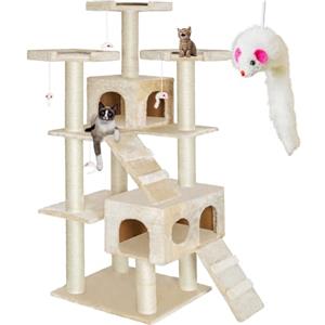 tectake® Albero Tiragraffi per Gatti, 2 Casette, 3 Piattaforme, 4 Topolini Giochi per Gatti, Struttura Massiccia e Resistente, Tiragraffi per Gatti Adulti e Cuccioli, Altezza 1,86 cm - Beige