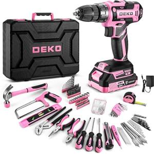 DEKO Cassetta Attrezzi Completa Rosa con Trapano Avvitatore Batteria 20V, 186 Pezzi, Set Completo di Punte