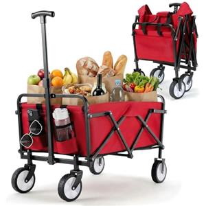 LIFERUN Carrello Pieghevole con Maniglia Telescopica 2 Tasche in Rete, Carrello da Giardino 70 L, Portante 60 kg Ruote Tutti i Terreni Carrello Portaoggetti per Shopping Campeggio Giardino Spiaggia (rosso)
