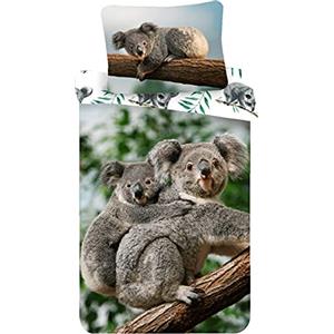 Jerry Fabrics Set di biancheria da letto Koala con bambino in natura selvaggia su albero di eucalipto, copripiumino 140 x 200 cm, federa 70 x 90 cm, 100% cotone, per bambini e adolescenti adulti