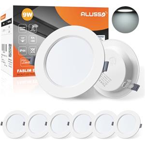 ALUSSO Faretti LED da Incasso per Cartongesso, 9W 230V Bianco Freddo 6500K IP44 ultrasottili 25mm Rotondi Bianco Luci da Incasso per Bagno Cucina, Diametro 145mm, Diametro Foro 115-135mm, Set di 6