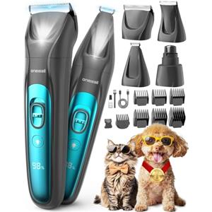 oneisall 4 in 1 Tosatrice per Cane Gatto con Luce LED, 2025 Nuova Versione Cura Peli Animali per Rasoio Cani & Zampe & Smerigliatrice Artiglio, 2000mAh Ricaricabile Rasoio per Cani (Blau, 4-in-1)