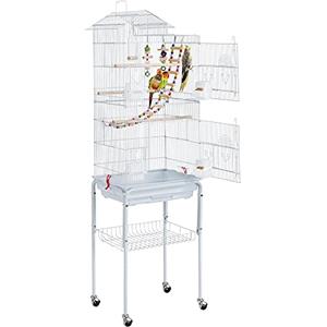 Yaheetech Gabbia Voliera per Uccelli Pappagalli con Piedistallo Inseparabili Calopsite Ruote in Metallo Posatoi in Legno Giocattoli da Interno e Esterno Bianca 46 x 35,5 x 158,5 cm