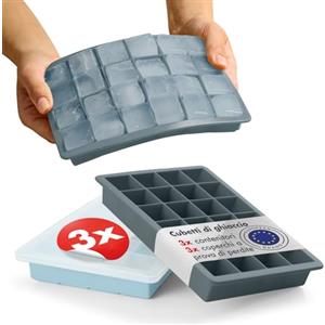 Blumtal Set di 3 stampi per cubetti di ghiaccio in Silicone - 24 stampi per cubetti di ghiaccio con coperchio - Stampo per cubetti di ghiaccio in silicone senza BPA - 2x grigio blu + azzurro