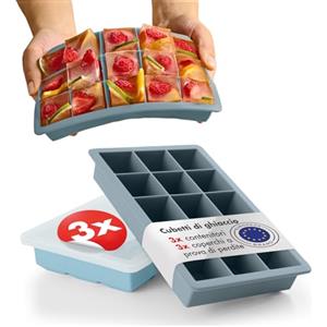 Blumtal Set di 3 stampi per cubetti di ghiaccio in Silicone - Stampo per 15 cubetti di ghiaccio con coperchio - Stampo per cubetti di ghiaccio in silicone senza BPA - 2x grigio blu + blu chiaro