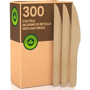 Baciato Caffè 300 Coltelli Ecologici in Legno di Betulla Monouso 100% Naturali Biodegradabili e Compostabili 300 Posate Usa e Getta