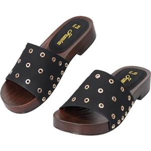 JOMIX Ciabatte Moda Donna con Borchie Sandali Bassi Estivi Effetto Legno per Mare Casa e Passeggiate Sabot Comodi Leggeri per Ragazza Taglia 36-41 WWC260279, Nero, 39 EU