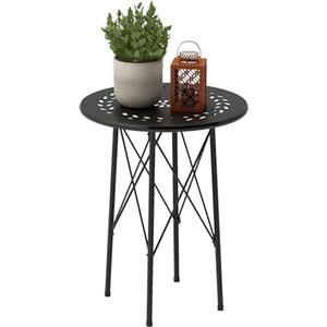 Outsunny Tavolino da Giardino Ø40 cm con Intagli a Fiori e Foglie, Tavolo Rotondo da Esterno e Interno con Piedini Regolabili, Tavolino da Caffè e Portapiante, in Acciaio, Nero
