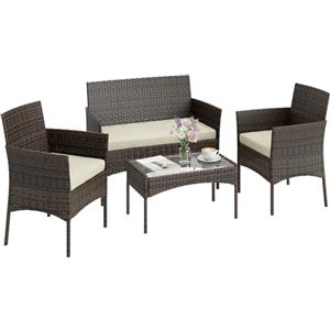 Outsunny Set di Mobili da Giardino in Rattan 4 Pezzi, Salotto da Esterno con Divano 2 Posti, 2 Poltrone, Tavolino da Caffè con Piano in Vetro e Cuscini Lavabili, Struttura in Acciaio, Beige e Marrone