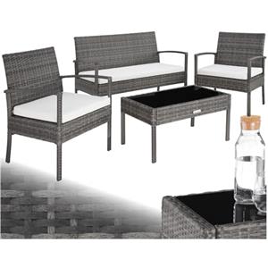 tectake® Set di Mobili in Rattan Sparta, Set Sedie, Panca, Tavolino Salotto con Lastra in Vetro, Comodi Cuscini Idrorepellenti, Ideale per Giardino, Terrazzo, Veranda - Grigio