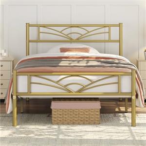 Yaheetech Struttura Letto Singolo in Ferro con Spazio Aggiuntivo Testiera a Forma di Nuvole Camera da Letto Ospiti Soggiorno Oro Anticato 90 x 200 cm