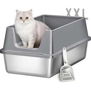 Fobyfurny Lettiera in Acciaio per Gatti, XXL Metallo Lettiera Acciaio, Grande Capacità Lettiere per Gatti, Paletta, Bordi Alti, Facile da Pulire, 60,5 L x 40 I x 29 H cm, Grigio Scuro, FPLB003SG2