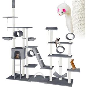Tectake® Tiragraffi XXL per Gatti Con Cuccette Morbide, Colonne in Sisal, Topolino Giocattolo, Amaca - Albero Con Giochi, 261 cm - Grigio