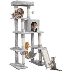 Yaheetech Albero Tiragraffi per Gatti 159,5 cm in Sisal e Truciolato per Gatti Gattini di Piccola e Media Taglia con Condominio Posatoio Amaca Grigio Chiaro