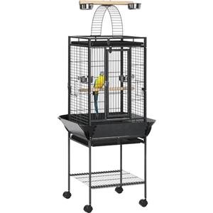 PawHut Gabbia per Pappagallini con 2 Posatoi in Legno e Scala ad Arco, Gabbia per Uccelli in Acciaio a Ingressi Multipli, 62.5x62.5x156 cm, Grigio
