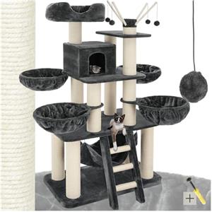tectake® Albero Tiragraffi per Gatti, Albero Tiragraffi in Morbido Peluche, Colonne in Sisal Resistente, Diversi Piani, Comoda Scaletta e Casetta Relax - Grigio/Bianco