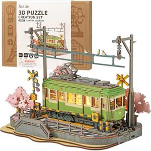 Rolife 3D Puzzle Viaggio Sakura Puzzle in Legno per Adulti da Costruire Kit Modello Sakura Densya con Luci LED Animazione Scena Casa Decorazione Regali di Compleanno Romantici per Lei/Lui