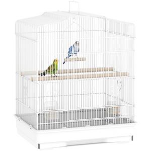 PawHut Gabbia per Uccelli Portatile con Maniglia, Vassoio Estraibile e 5 Porte, Voliera per Pappagallini con Posatoi in Legno, Altalena e Ciotole per Cibo, 46.5x36x59 cm, Bianco